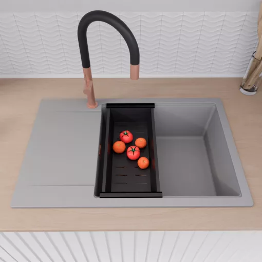 HD Onyx Grey 78-XL egymedencés mosogatótálca szett, matt fekete csepegtetőkosárral, csepegtetőtálcával, alpesi szürke színben, szálcsiszolt réz leeresztő szifonnal