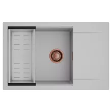 HD Onyx Grey 78-XL egymedencés mosogatótálca szett, acél csepegtetőkosárral, csepegtetőtálcával, alpesi szürke színben, szálcsiszolt réz leeresztő szifonnal