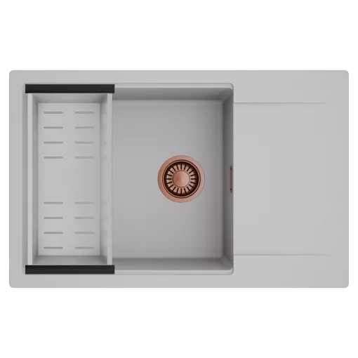 HD Onyx Grey 78-XL egymedencés mosogatótálca szett, acél csepegtetőkosárral, csepegtetőtálcával, alpesi szürke színben, szálcsiszolt réz leeresztő szifonnal