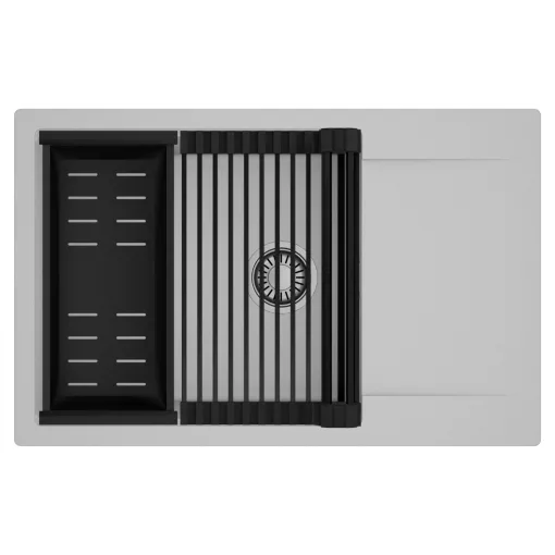 HD Onyx Grey 78-XL egymedencés mosogatótálca szett, matt fekete csepegtetőráccsal és kosárral, csepegtetőtálcával, alpesi szürke színben