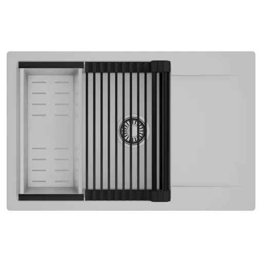 HD Onyx Grey 78-XL egymedencés mosogatótálca szett, matt fekete csepegtetőráccsal és krómozott kosárral, csepegtetőtálcával, alpesi szürke színben