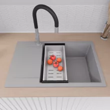 HD Onyx Grey 78-XL egymedencés mosogatótálca szett, matt fekete csepegtetőráccsal és krómozott kosárral, csepegtetőtálcával, alpesi szürke színben