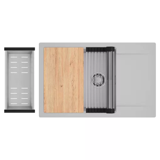 HD Onyx Grey 78-XL egymedencés gránit mosogatótálca szett, csepegtetőtálcával, vágódeszkával, acél csepegtetőráccsal és kosárral, alpesi szürke színben