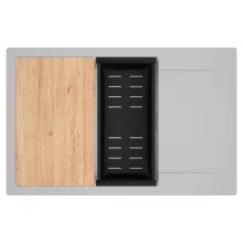 HD Onyx Grey 78-XL egymedencés gránit mosogatótálca szett, csepegtetőtálcával, vágódeszkával, matt fekete csepegtetőkosárral, alpesi szürke színben