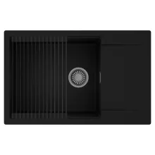 HD Onyx Black 78-XL egymedencés mosogatótálca szett, matt fekete csepegtetőráccsal, csepegtetőtálcával, matt fekete színben, szálcsiszolt króm leeresztő szifonnal