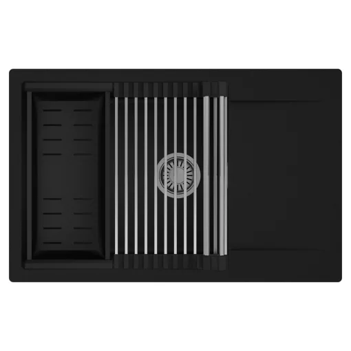 HD Onyx Black 78-XL egymedencés mosogatótálca szett, acél csepegtetőráccsal és matt fekete kosárral, csepegtetőtálcával, matt fekete színben, szálcsiszolt króm leeresztő szifonnal