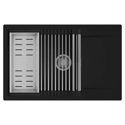 HD Onyx Black 78-XL egymedencés mosogatótálca szett, acél csepegtetőráccsal és kosárral, csepegtetőtálcával, matt fekete színben, szálcsiszolt króm leeresztő szifonnal