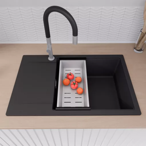 HD Onyx Black 78-XL egymedencés mosogatótálca szett, acél csepegtetőráccsal és kosárral, csepegtetőtálcával, matt fekete színben, szálcsiszolt króm leeresztő szifonnal