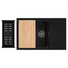 HD Onyx Black 78-XL egymedencés gránit mosogatótálca szett, csepegtetőtálcával, vágódeszkával, matt fekete csepegtetőráccsal és kosárral, matt fekete színben, szálcsiszolt króm leeresztő szifonnal