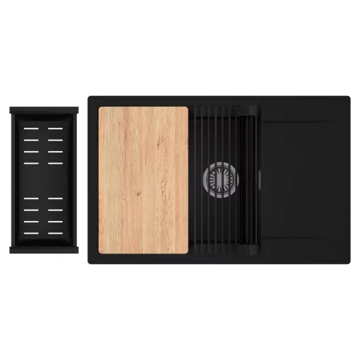 HD Onyx Black 78-XL egymedencés gránit mosogatótálca szett, csepegtetőtálcával, vágódeszkával, matt fekete csepegtetőráccsal és kosárral, matt fekete színben, szálcsiszolt króm leeresztő szifonnal