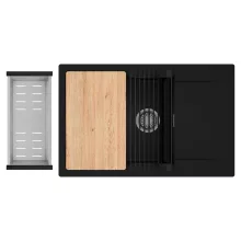 HD Onyx Black 78-XL egymedencés gránit mosogatótálca szett, csepegtetőtálcával, vágódeszkával, matt fekete csepegtetőráccsal és krómozott kosárral, matt fekete színben, szálcsiszolt króm leeresztő szifonnal