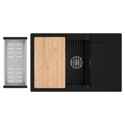 HD Onyx Black 78-XL egymedencés gránit mosogatótálca szett, csepegtetőtálcával, vágódeszkával, matt fekete csepegtetőráccsal és krómozott kosárral, matt fekete színben, szálcsiszolt króm leeresztő szifonnal