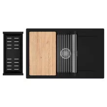 HD Onyx Black 78-XL egymedencés gránit mosogatótálca szett, csepegtetőtálcával, vágódeszkával, acél csepegtetőráccsal és matt fekete kosárral, matt fekete színben, szálcsiszolt króm leeresztő szifonnal