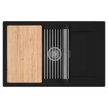 HD Onyx Black 78-XL egymedencés gránit mosogatótálca szett, csepegtetőtálcával, vágódeszkával, acél csepegtetőráccsal, matt fekete színben, szálcsiszolt króm leeresztő szifonnal