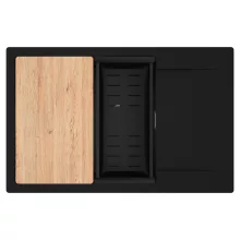 HD Onyx Black 78-XL egymedencés gránit mosogatótálca szett, csepegtetőtálcával, vágódeszkával, matt fekete csepegtetőkosárral, matt fekete színben, szálcsiszolt króm leeresztő szifonnal