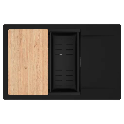 HD Onyx Black 78-XL egymedencés gránit mosogatótálca szett, csepegtetőtálcával, vágódeszkával, matt fekete csepegtetőkosárral, matt fekete színben, szálcsiszolt króm leeresztő szifonnal