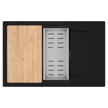 HD Onyx Black 78-XL egymedencés gránit mosogatótálca szett, csepegtetőtálcával, vágódeszkával, acél csepegtetőkosárral, matt fekete színben, szálcsiszolt króm leeresztő szifonnal