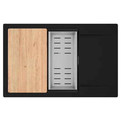 HD Onyx Black 78-XL egymedencés gránit mosogatótálca szett, csepegtetőtálcával, vágódeszkával, acél csepegtetőkosárral, matt fekete színben, szálcsiszolt króm leeresztő szifonnal