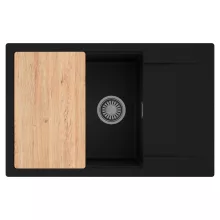 HD Onyx Black 78-XL egymedencés gránit mosogatótálca, vágódeszkával, matt fekete színben, szálcsiszolt króm leeresztő szifonnal