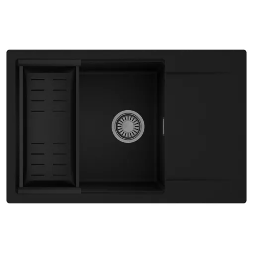 HD Onyx Black 78-XL egymedencés mosogatótálca szett, matt fekete csepegtetőkosárral, csepegtetőtálcával, matt fekete színben, szálcsiszolt króm leeresztő szifonnal