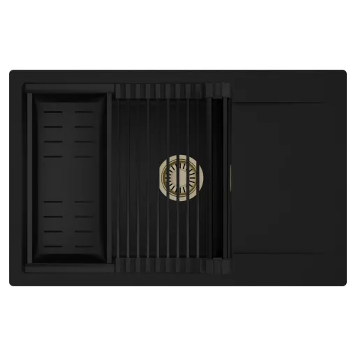 HD Onyx Black 78-XL egymedencés mosogatótálca szett, matt fekete csepegtetőráccsal és kosárral, csepegtetőtálcával, matt fekete színben, szálcsiszolt arany leeresztő szifonnal