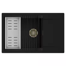 HD Onyx Black 78-XL egymedencés mosogatótálca szett, matt fekete csepegtetőráccsal és krómozott kosárral, csepegtetőtálcával, matt fekete színben, szálcsiszolt arany leeresztő szifonnal