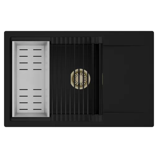 HD Onyx Black 78-XL egymedencés mosogatótálca szett, matt fekete csepegtetőráccsal és krómozott kosárral, csepegtetőtálcával, matt fekete színben, szálcsiszolt arany leeresztő szifonnal