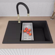 HD Onyx Black 78-XL egymedencés mosogatótálca szett, matt fekete csepegtetőráccsal és krómozott kosárral, csepegtetőtálcával, matt fekete színben, szálcsiszolt arany leeresztő szifonnal