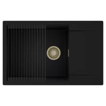 HD Onyx Black 78-XL egymedencés mosogatótálca szett, matt fekete csepegtetőráccsal, csepegtetőtálcával, matt fekete színben, szálcsiszolt arany leeresztő szifonnal