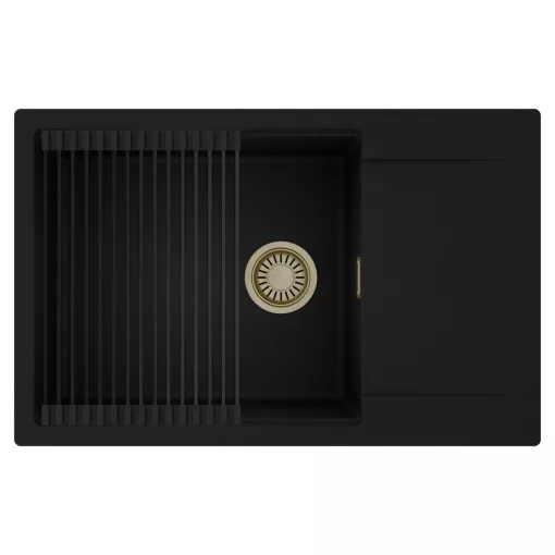 HD Onyx Black 78-XL egymedencés mosogatótálca szett, matt fekete csepegtetőráccsal, csepegtetőtálcával, matt fekete színben, szálcsiszolt arany leeresztő szifonnal