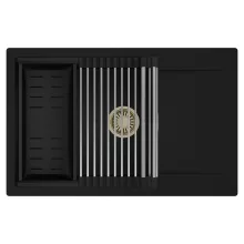 HD Onyx Black 78-XL egymedencés mosogatótálca szett, acél csepegtetőráccsal és matt fekete kosárral, csepegtetőtálcával, matt fekete színben, szálcsiszolt arany leeresztő szifonnal