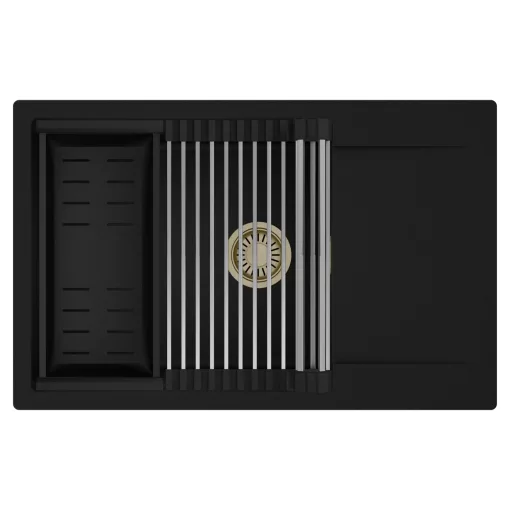 HD Onyx Black 78-XL egymedencés mosogatótálca szett, acél csepegtetőráccsal és matt fekete kosárral, csepegtetőtálcával, matt fekete színben, szálcsiszolt arany leeresztő szifonnal