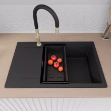 HD Onyx Black 78-XL egymedencés mosogatótálca szett, acél csepegtetőráccsal és matt fekete kosárral, csepegtetőtálcával, matt fekete színben, szálcsiszolt arany leeresztő szifonnal