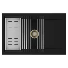 HD Onyx Black 78-XL egymedencés mosogatótálca szett, acél csepegtetőráccsal és kosárral, csepegtetőtálcával, matt fekete színben, szálcsiszolt arany leeresztő szifonnal