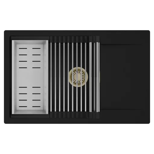 HD Onyx Black 78-XL egymedencés mosogatótálca szett, acél csepegtetőráccsal és kosárral, csepegtetőtálcával, matt fekete színben, szálcsiszolt arany leeresztő szifonnal