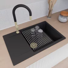 HD Onyx Black 78-XL egymedencés mosogatótálca szett, acél csepegtetőráccsal és kosárral, csepegtetőtálcával, matt fekete színben, szálcsiszolt arany leeresztő szifonnal