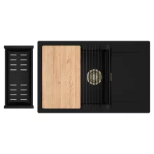 HD Onyx Black 78-XL egymedencés gránit mosogatótálca szett, csepegtetőtálcával, vágódeszkával, matt fekete csepegtetőráccsal és kosárral, matt fekete színben, szálcsiszolt arany leeresztő szifonnal