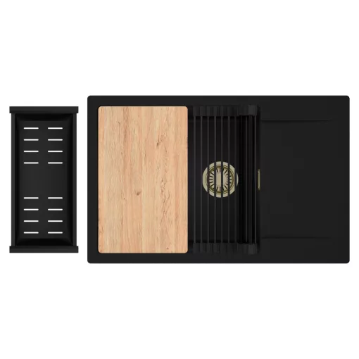 HD Onyx Black 78-XL egymedencés gránit mosogatótálca szett, csepegtetőtálcával, vágódeszkával, matt fekete csepegtetőráccsal és kosárral, matt fekete színben, szálcsiszolt arany leeresztő szifonnal