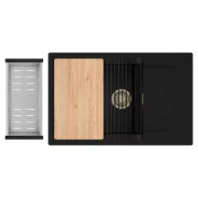 HD Onyx Black 78-XL egymedencés gránit mosogatótálca szett, csepegtetőtálcával, vágódeszkával, matt fekete csepegtetőráccsal és krómozott kosárral, matt fekete színben, szálcsiszolt arany leeresztő szifonnal