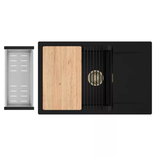 HD Onyx Black 78-XL egymedencés gránit mosogatótálca szett, csepegtetőtálcával, vágódeszkával, matt fekete csepegtetőráccsal és krómozott kosárral, matt fekete színben, szálcsiszolt arany leeresztő szifonnal