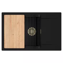 HD Onyx Black 78-XL egymedencés gránit mosogatótálca szett, csepegtetőtálcával, vágódeszkával, matt fekete csepegtetőráccsal, matt fekete színben, szálcsiszolt arany leeresztő szifonnal