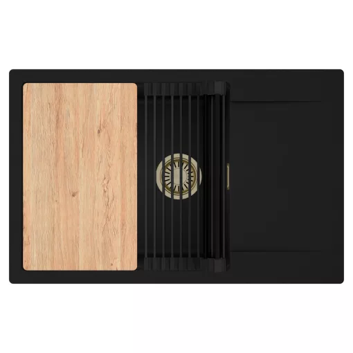 HD Onyx Black 78-XL egymedencés gránit mosogatótálca szett, csepegtetőtálcával, vágódeszkával, matt fekete csepegtetőráccsal, matt fekete színben, szálcsiszolt arany leeresztő szifonnal