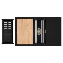 HD Onyx Black 78-XL egymedencés gránit mosogatótálca szett, csepegtetőtálcával, vágódeszkával, acél csepegtetőráccsal és matt fekete kosárral, matt fekete színben, szálcsiszolt arany leeresztő szifonnal