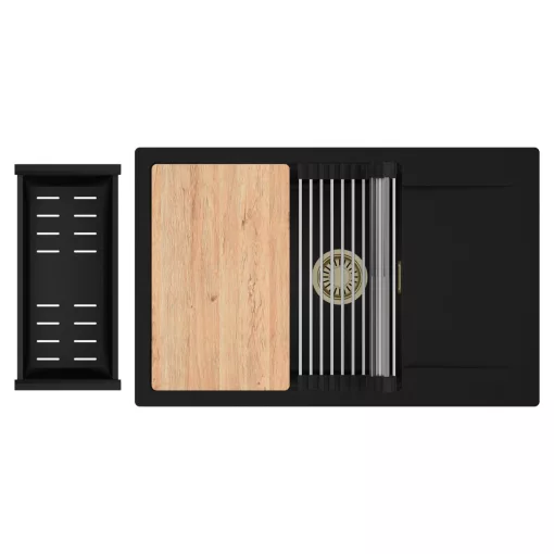 HD Onyx Black 78-XL egymedencés gránit mosogatótálca szett, csepegtetőtálcával, vágódeszkával, acél csepegtetőráccsal és matt fekete kosárral, matt fekete színben, szálcsiszolt arany leeresztő szifonnal