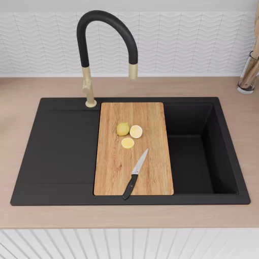 HD Onyx Black 78-XL egymedencés gránit mosogatótálca szett, csepegtetőtálcával, vágódeszkával, acél csepegtetőráccsal és matt fekete kosárral, matt fekete színben, szálcsiszolt arany leeresztő szifonnal