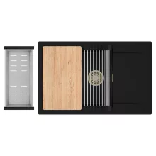 HD Onyx Black 78-XL egymedencés gránit mosogatótálca szett, csepegtetőtálcával, vágódeszkával, acél csepegtetőráccsal és kosárral, matt fekete színben, szálcsiszolt arany leeresztő szifonnal