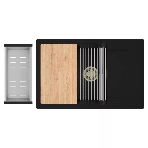 HD Onyx Black 78-XL egymedencés gránit mosogatótálca szett, csepegtetőtálcával, vágódeszkával, acél csepegtetőráccsal és kosárral, matt fekete színben, szálcsiszolt arany leeresztő szifonnal