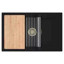 HD Onyx Black 78-XL egymedencés gránit mosogatótálca szett, csepegtetőtálcával, vágódeszkával, acél csepegtetőráccsal, matt fekete színben, szálcsiszolt arany leeresztő szifonnal