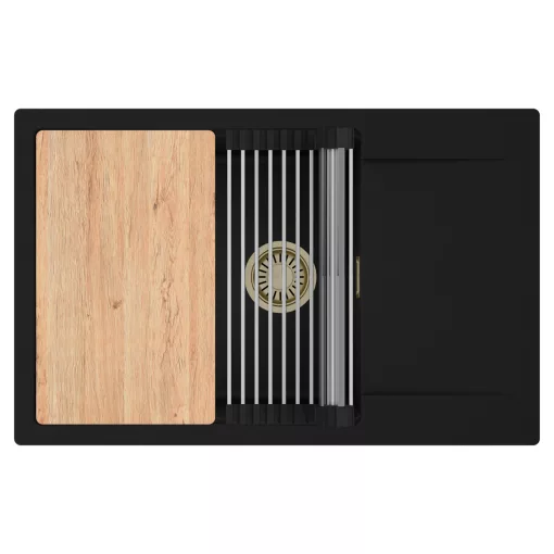 HD Onyx Black 78-XL egymedencés gránit mosogatótálca szett, csepegtetőtálcával, vágódeszkával, acél csepegtetőráccsal, matt fekete színben, szálcsiszolt arany leeresztő szifonnal