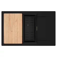 HD Onyx Black 78-XL egymedencés gránit mosogatótálca szett, csepegtetőtálcával, vágódeszkával, matt fekete csepegtetőkosárral, matt fekete színben, szálcsiszolt arany leeresztő szifonnal